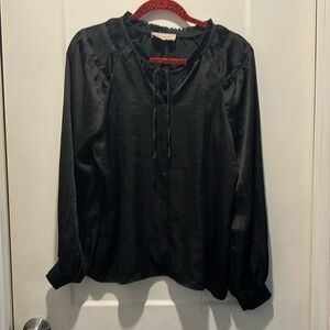 Philosophy Blouse, black silk-like. Tie collar. Size M